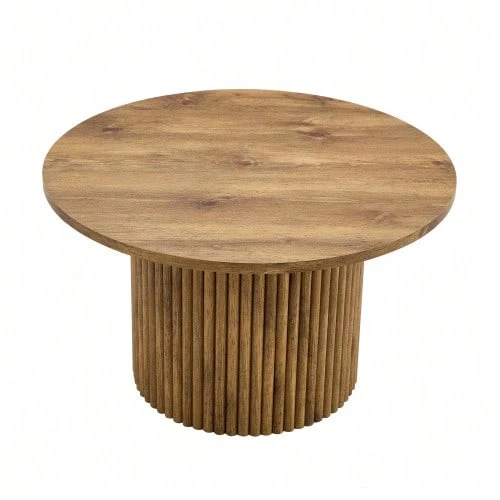 Round MDF Coffee Table, 70 Cm In Diameter: Inspired By Roman Columns, With An Integrated Metal Frame And A Retro-Chic Style For The Living Room. Ideal For European Interiors. - 自然色 - 查看 1