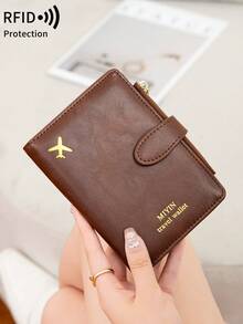 MIYIN 1pc Creative Airplane Design Travel Passport Holder, Magnetic Closure, RFID Blocking Passport Cover, Document Organizer, Minimalist Solid Color Business Travel Essential Passport Wallet, Lightweight Portable Travel Wallet, Multi-Function Card Case, Passport Protector, Unisex Passport Holder - Coffee - View 8