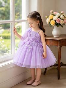 Baby Girls Bow & Floral Mesh Princess Dress, Suitable For Party Flower Girl, Fabric Floral Pattern Randomly Cut, Headband Not Included - Mauve Purple - View 5