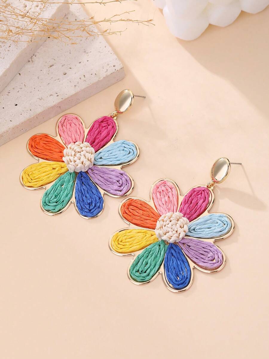 1 Pair Handmade Bohemian Style Raffia Woven Floral Earrings, Retro Contrast Color Metal Earrings, Suitable For Beach, Party, Afternoon Tea, Daily Commute