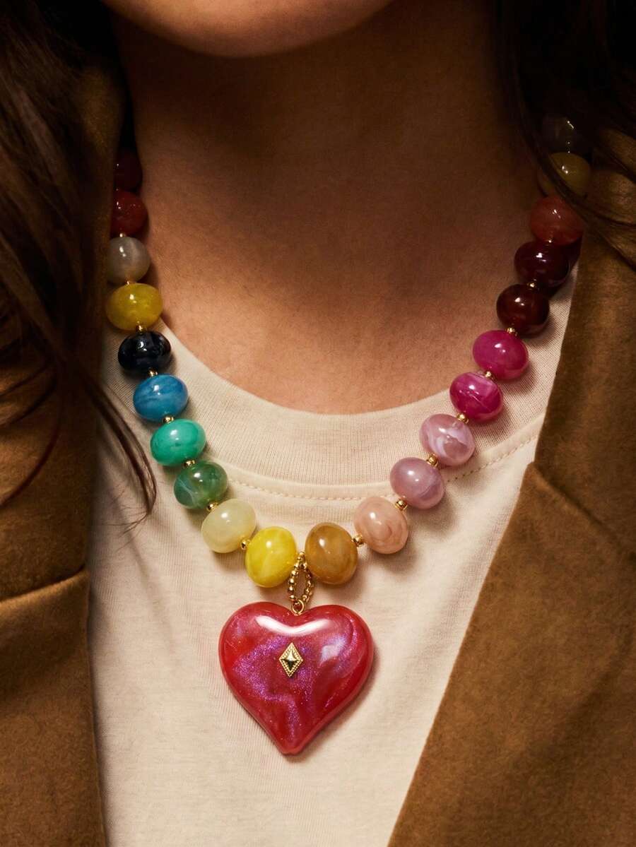1pc Summer Sweet Fashion Dopamine Resin Tie Dye Beaded Heart Multi-Element Necklace, Suitable For Fashionable Women's Daily Commute, Beach Vacation, Travel, Party, Shopping, Festivals, Best Summer Gift For Women, Vacation Essential Necklace (Beaded Tie Dye Colors, Quantity, And Order Are Random) - Multicolor - View 1