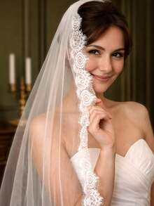 1pc 1 Meter Long Lace Bridal Veil, Elegant Wedding Dress Accessory, Suitable For Cathedral Wedding - Multicolor - View 2