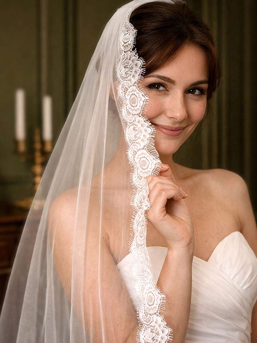 1pc 1 Meter Long Lace Bridal Veil, Elegant Wedding Dress Accessory, Suitable For Cathedral Wedding