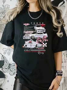 Tokyo Racing Cars Street Speed Digital Print Short Sleeve Unisex Pure Cotton Loose And Comfortable - Black - View 8