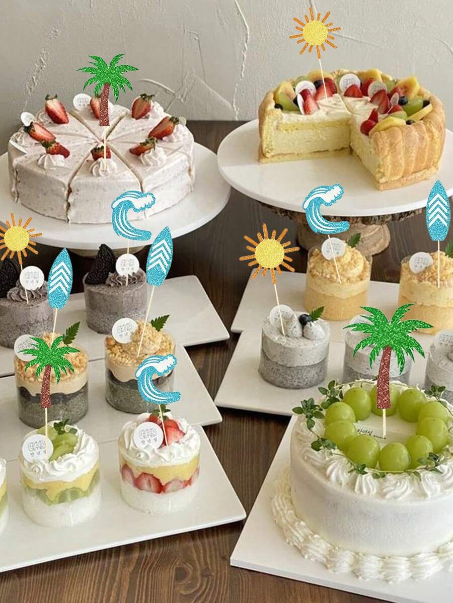 12pcs Summer Cake Decor Toppers, Featuring Starfish, Surfboard, Wave, Sun, Palm Tree, And Other Shaped Cake Decorations; Glittery Beach Party Cupcake Labels; Themed Party Cake Labels; Suitable For Party Cake Decorating Supplies. - Type a - View 1