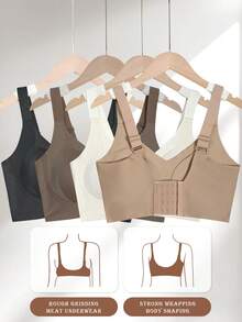 4-Piece Plus Size Bra, Seamless Breathable Wireless Sports Bra For Women - Full Coverage Design, Anti-Slip Material, With Lifting And Support Functions, Comfortable To Wear, Ribbed Details, Made Of Nylon And Elastic Fiber Blend, Hand Wash. Elegant Solid Color Design.Plus Size Lingerie - 彩色 - 查看 6