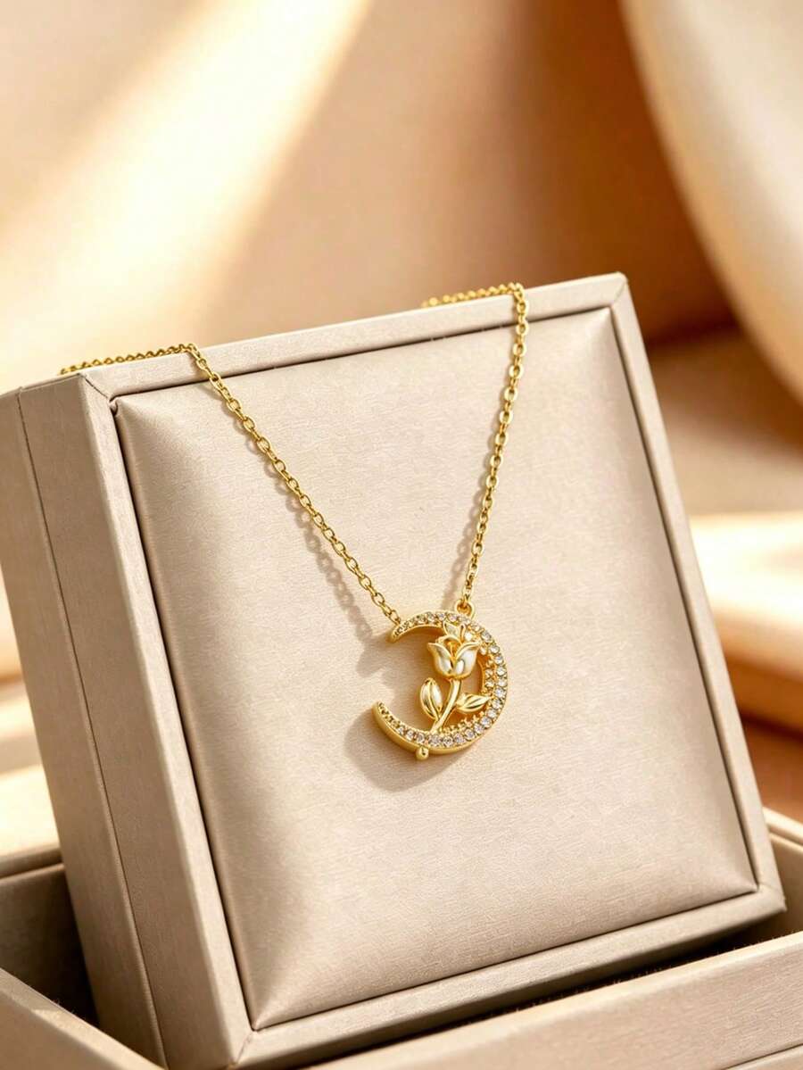 1PC Classic Elegant Style Stainless Steel Pendant Necklace With Moon And Rose Design Inlaid Glass Decoration, Suitable For Women's Daily Wear, Shopping, Parties Or Gatherings - Yellow Gold - View 1
