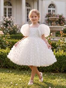 Young Girl Elegant Puff Sleeve Dress, Multi-Color Bow Tulle Princess Dress, Suitable For Girls' Birthday Party, Wedding, Bridesmaid, Holiday Occasions - White - View 1