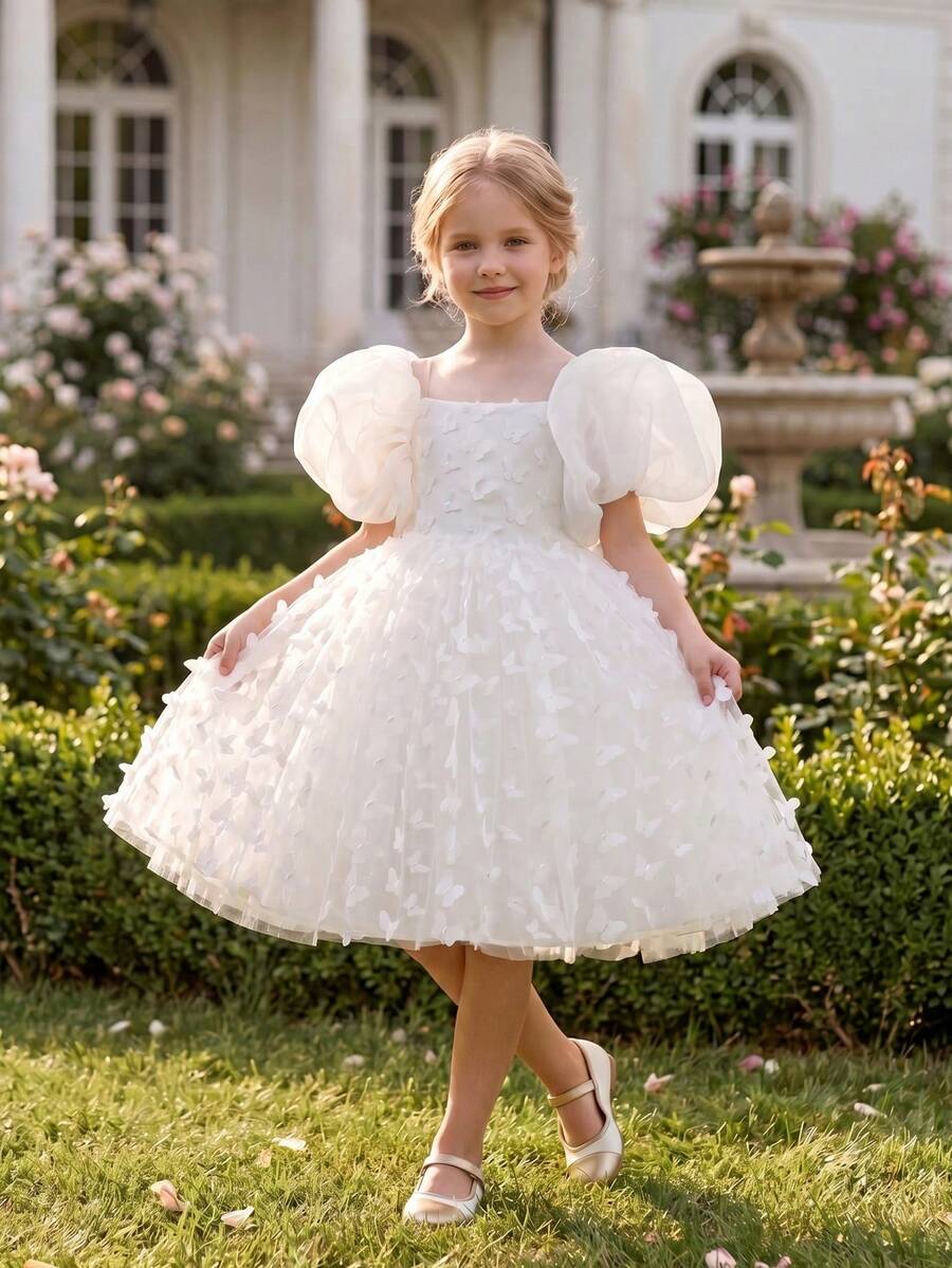 Young Girl Elegant Puff Sleeve Dress, Multi-Color Bow Tulle Princess Dress, Suitable For Girls' Birthday Party, Wedding, Bridesmaid, Holiday Occasions - White - View 1