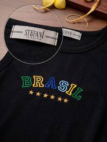 Women's Tank Top Summer 2026 Brazilian Flag Embroidered Ribbed Knit - BLACK 2 - View 3