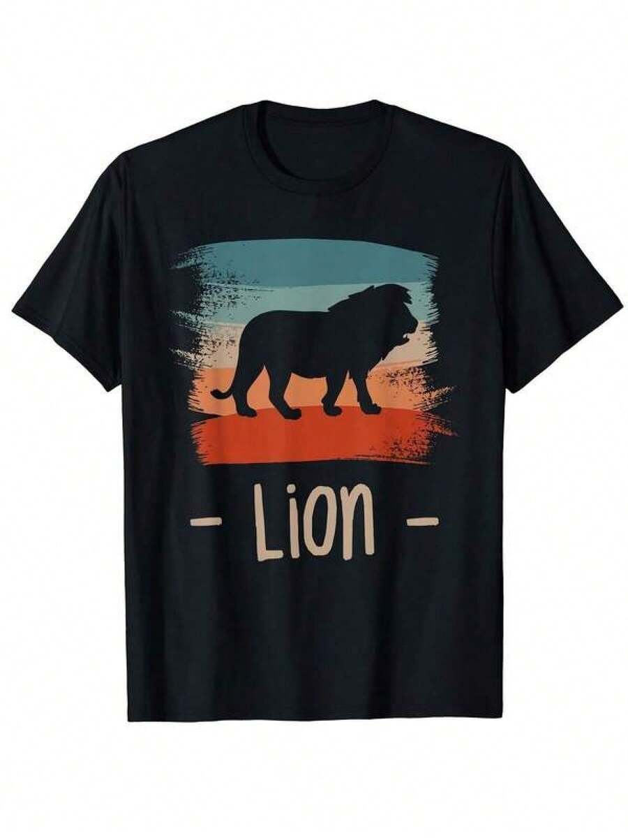 Camiseta para hombre con estampado retro de león - Camiseta clásica negra con estampado de texto y silueta de león, estilo casual holgado elástico y cómodo, camiseta de manga corta adecuada para deportes, camiseta para hombre con estampado de león "Men's 2D - Negro - Ver 1