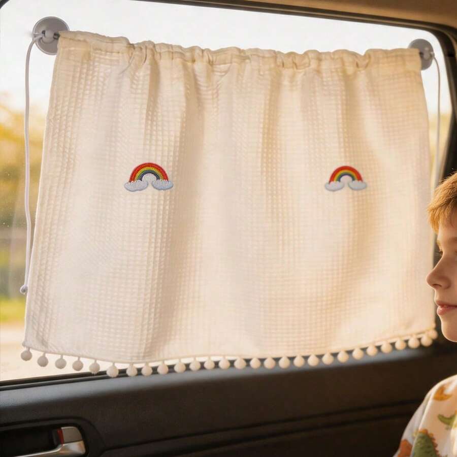 1pc Rainbow Plaid Waffle Fabric Car Side Window Sunshade Curtain, Sun Blocking And UV Protection - A - View 1