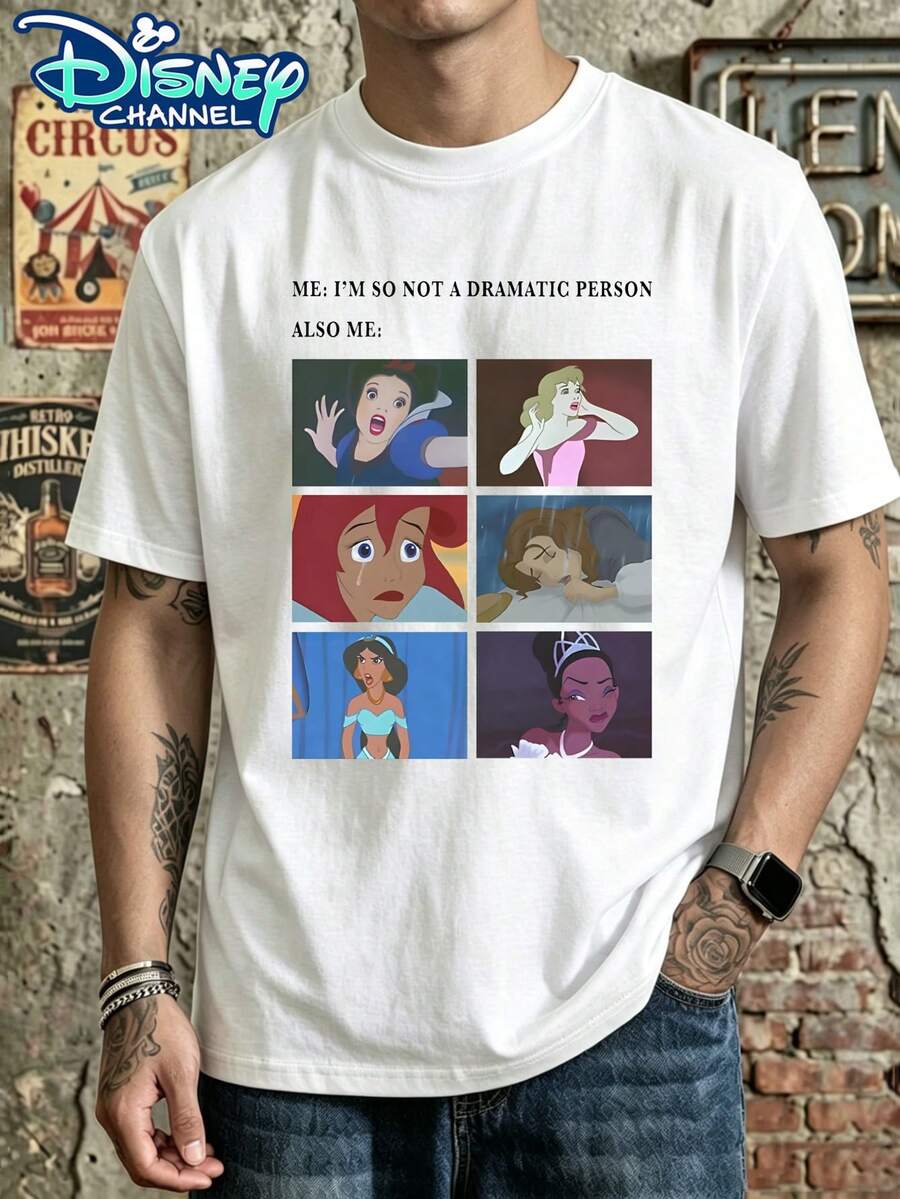 Disney Funny 6 Palazzo Grid Princess Tract Printed Round Neck T-Shirt, Snow White Ariel Jasmine Funny Princess Collection Cartoon Printed Summer Top, Men's Summer Short Sleeve Top, High-Quality 100% Cotton Short Sleeve T-Shirt, Summer Relaxed Breathable Casual Short Sleeve, Universal For Men And Women, Disney Fans Must-Have, Disneyland Travel Wear, Couples, Casual Everyday Wear, Street Wear, Vacation Wear, Campus Wear - trắng - Xem 1