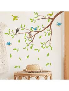Cartoon Tree Branch & Bird Wall Sticker, Green Leaf Animal Wall Decal, Removable Peel And Stick For Kids Room Nursery Home Decor - Cartoon Tree Branch Bird - View 5