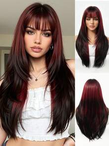 22 Inch Light Pink Straight Synthetic Wig With Full Bangs, Heat Resistant, Suitable For Women's Daily Wear, Cosplay And Party - Red Ombre - View 3