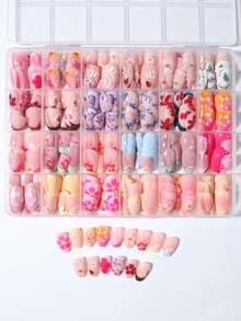 576片（24款）短橢圓3D凝膠美甲貼，瓢蟲、扶桑花與花卉美甲設計，法式短款穿戴假指甲套組，包含4張果凍凝膠貼片與2個美甲锉，短指甲與夏季美甲用品 - 彩色 - 查看 4