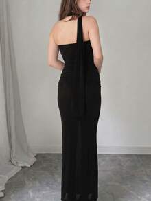 Women's Solid Color Ruched Halter Dress, Summer Party Black Elegant - Black - View 3