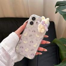 时尚高端紫色油画花卉草莓兔3D毛绒公仔，适用于 17 Pro Max、Apple 14手机壳、15新款16 Pro、13少女硅胶防震保护套 - 紫色 - 查看 3