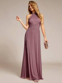 EVERPRETTY Charming Women's Halter Neck Backless Sleeveless Pleated Ruched Twist Design High Elastic Formal Evening Gown Wedding Party - Dusty Pink - View 4