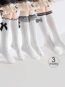 3双女童过膝袜，纯白、条纹、双条纹、大蕾丝边、小蕾丝边、荷叶边、蝴蝶结、直筒款式，可爱公主学院风，适合春秋季节穿着，日常蕾丝袜、派对公主袜、节日、返校季皆宜，精致可爱百搭，可搭配皮鞋、运动鞋、乐福鞋，适合返校季、学生、新学期、大学等场合。 - 彩色 - 查看 8