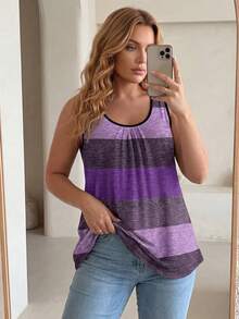 Plus Size Women's Elegant Sleeveless Patchwork Color Tank Top, Ruched Front Decoration Top Casual Summer - Purple - View 4