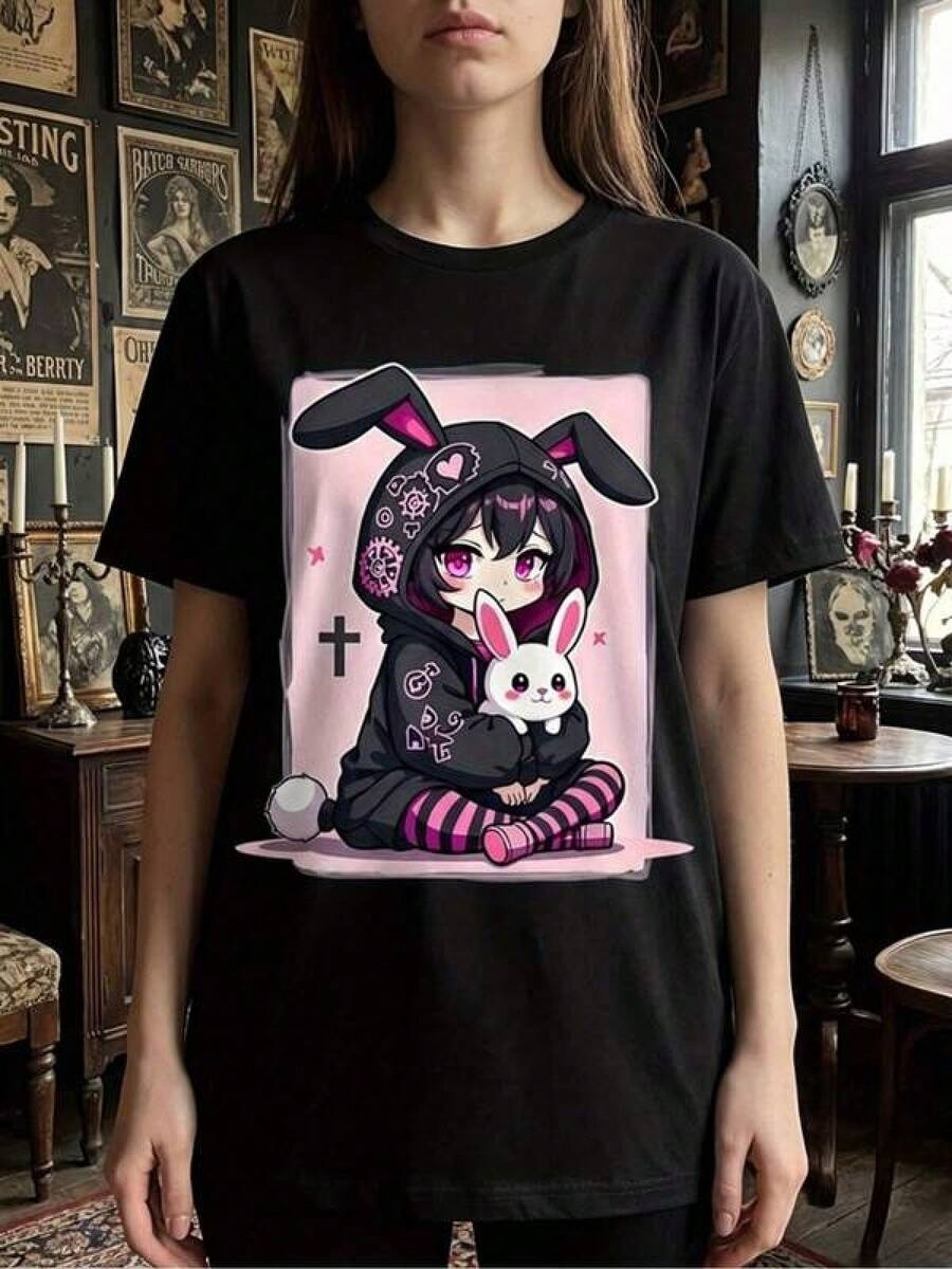 2026 Grafiska T-shirts för kvinnor, Anime Kawaii Manga-tryck T-shirt för kvinnor, Söt Chibi-kaninöron Karaktärsdesign, Ren lös passform, Kortärmad, Rund hals, Casual sommarstil för vardagsbruk, Rosa/Svart, Storlek 2Y-10Y, S-XXXL, Damtoppar, Herrkläder, T-shirt för tonårskillar, Barnkläder för pojkar, Perfekt present till skolans sista dag och Miljödagen, Fars dag, Passar till matchade kläder för föräldrar och barn. - Svart - Visa 1