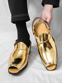 2026 Summer New Men's Peep-Toe Sandals, Slip-On Loafers, Casual Solid Color Comfortable Retro Low-Top Shoes, Suitable For Hosts, Graduation, Weddings - Gold - View 5