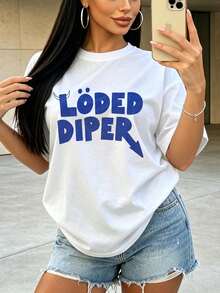 Women's Summer Casual Soft Round Neck Short Sleeve T-Shirt,Loded Diper Blue Text Print Graphic Suitable For Spring And Summer.White - White - View 4