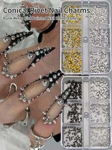 1 Box 6 Grids Y2K Gothic Punk 3D Alloy Nail Spikes, Silver Gun Black Mixed Cone Rivet Studs, Mini Metal Nail Charms For DIY Manicure & Handcraft Decor - Multicolor - View 1