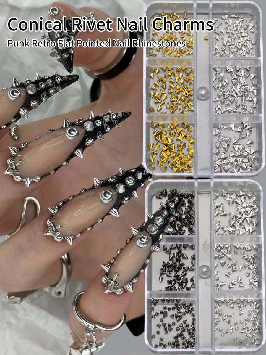 1 Box 6 Grids Y2K Gothic Punk 3D Alloy Nail Spikes, Silver Gun Black Mixed Cone Rivet Studs, Mini Metal Nail Charms For DIY Manicure & Handcraft Decor - Multicolor - View 1