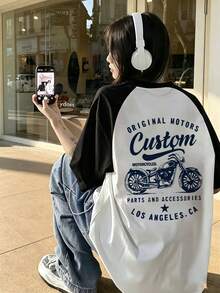 Kaos Wanita Musim Panas Model Raglan Warna Blok Leher Bulat Kasual dengan Motif Huruf & Motor, Potongan Pendek, Warna Putih - Putih - View 3