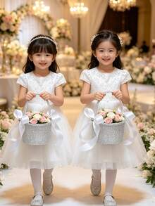1pc Elegant Rhinestone Bow Flower Girl Basket, Small Handheld Flower Basket Suitable For Wedding Bridesmaid Children - White - View 2