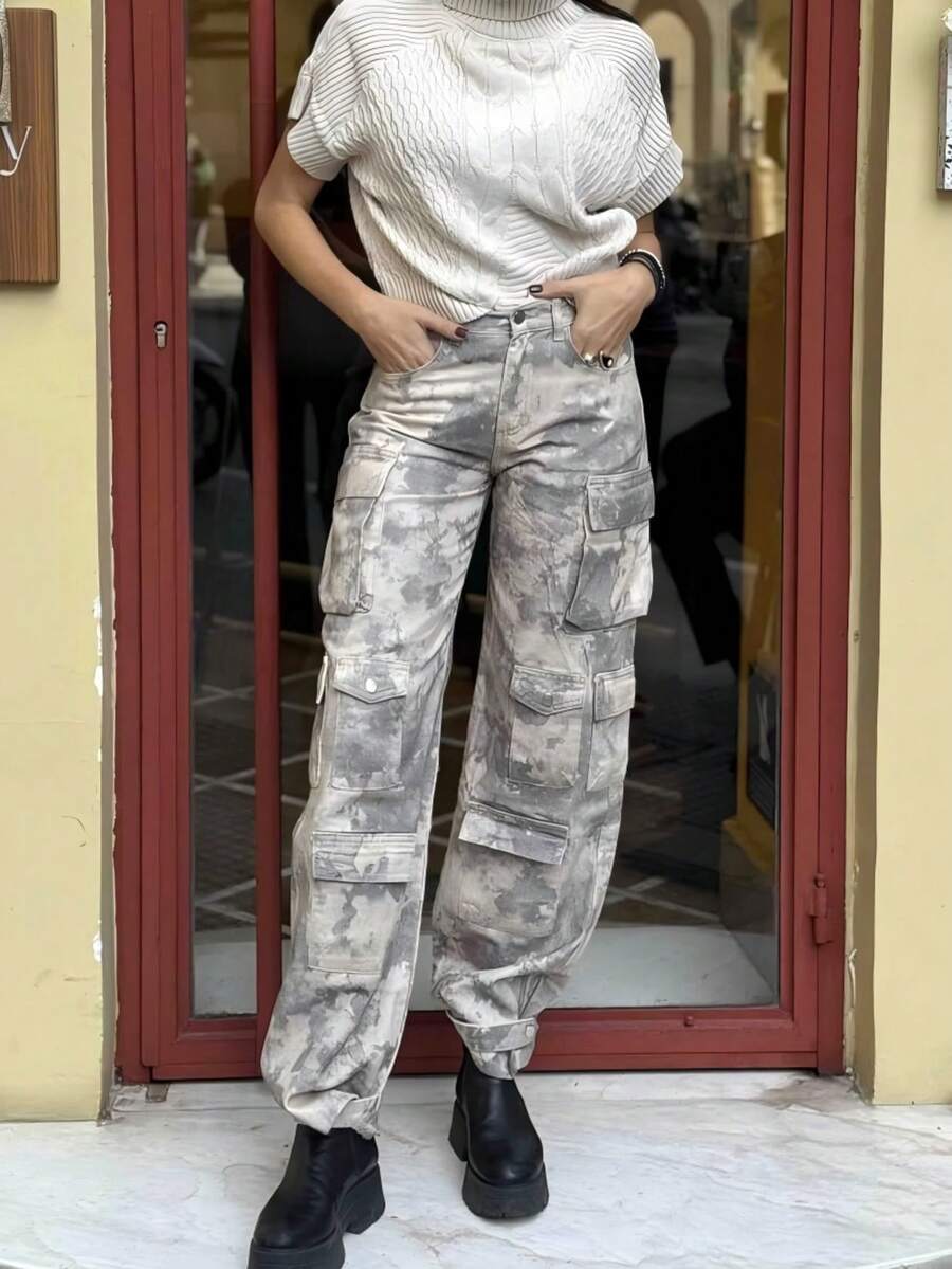 Vacation Outfits Women Black Crop Tank Top & Camo Print Multi-Pocket Cargo Pants Set, Summer Streetwear Co-Ord - Xám - Xem 1