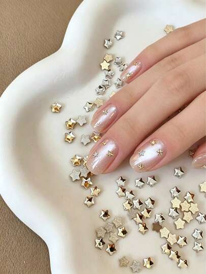 20-100 chiếc đá đính móng tay hình ngôi sao màu sâm panh, đá đính móng tay hình vỏ sò, trang sức móng tay kim loại hợp kim 3D.