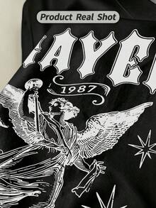 Women's Summer Casual Soft Round Neck Short Sleeve T-Shirt, Vintage Prayer Angel 1987 Print Graphic For Spring And Summer Wear.White - Black - View 3