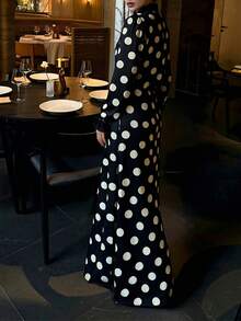 Vintage Polka Dot Maxi Dress, Puff Sleeve V-Neck With Neck Tie For Retro Style - Black - View 2
