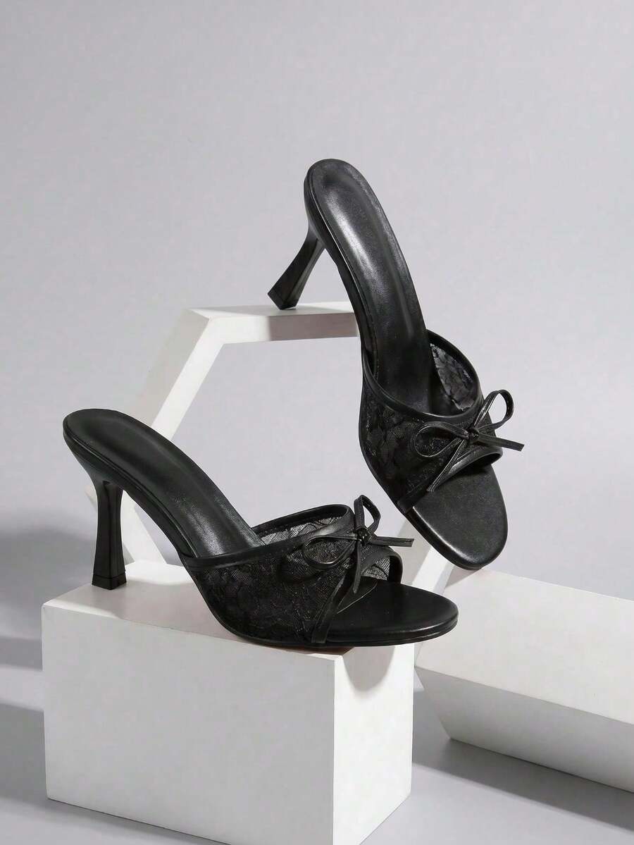 Sandalias de tacón alto de malla negra para mujer con decoración de lazo, tacones de aguja, nuevo estilo de primavera/verano, moda elegante minimalista y sexy, adecuadas para el uso diario en la oficina, banquetes y fiestas