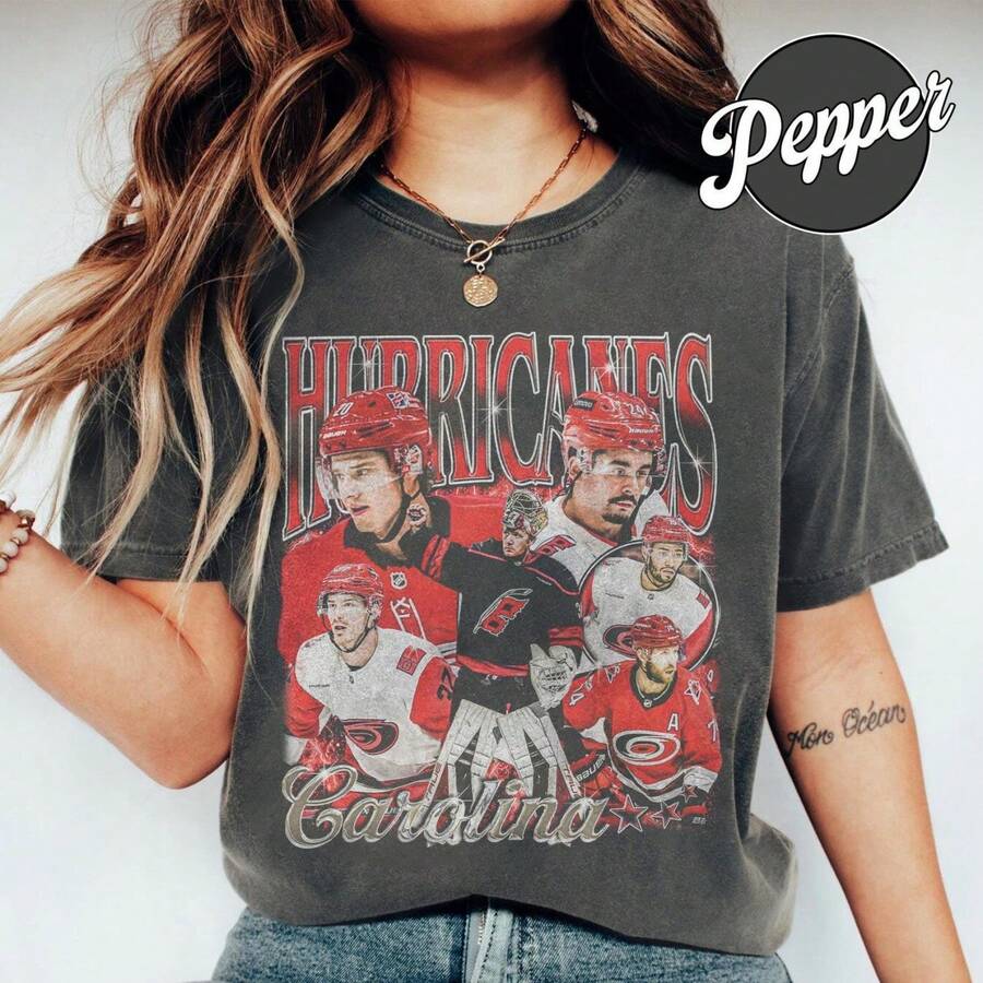 Retro 90s Carolina Hurricanes Ice Hockey Team Bootleg Rap Style Graphic ComfortColors Shirt - Black - View 1