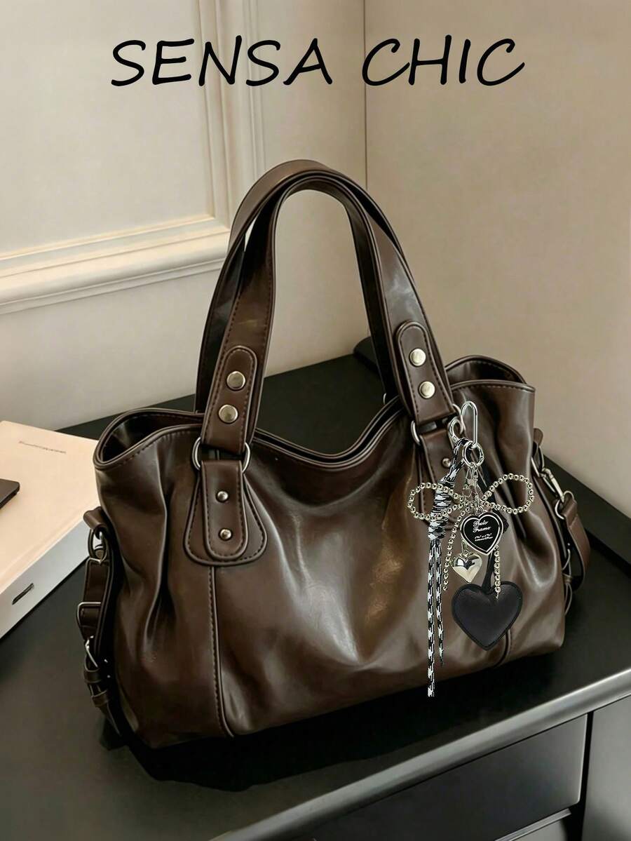 Classic Multifunctional Commuter Solid Color Large Capacity Retro PU Leather Shoulder Bag Handbag Wallet, Zipper Closure, Designed For Women, Suitable For Shopping, Travel, Outing And Other Occasions - Coffee - View 1