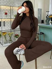 Boho Chic,Euro-American Style,Women's Casual Clothing Solid Color Two-Piece Women's Casual Waist Pleated Long-Sleeved Top With Trousers Suit, - 棕色 - 查看 4