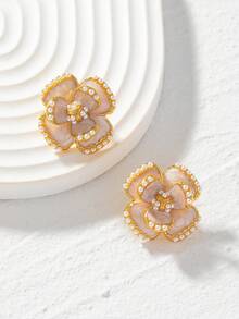 1 Pair Vintage Enamel Camellia & Pearl Earrings, Elegant Niche Design Commuter-Friendly Earrings For Women - Baby Pink - View 3