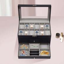 Watch, Glasses, Jewelry Organizer, 3-Tier Display Storage Box, 12 Watch Slots, 6 Glasses Compartments, Large Glass Lid, Accessory Organizer, Black PU Velvet Box With Glass Lid And Lock - Black - View 4