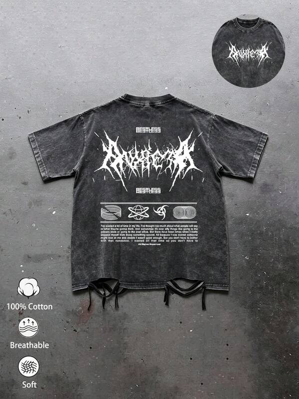 1pc Men's Gothic Style Black Washed Distressed T-Shirt, Ripped Fringe Detailing, Heavy Metal Thorn Text Graphic Print, Breathable Loose Fit Short Sleeve Top