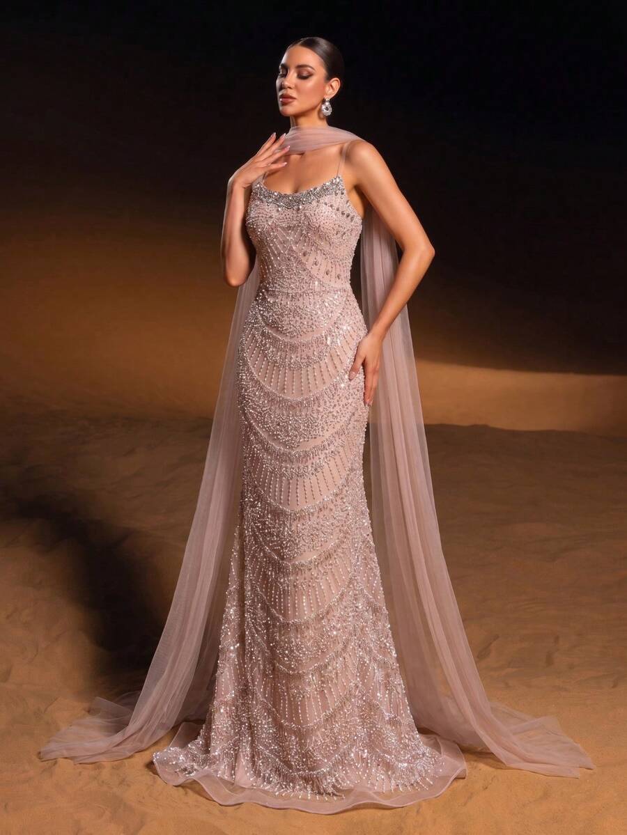 Elegant Women's Mermaid Long Chiffon Scarf Dress With Rhinestone Sequin And Backless Tie Detail Fall - Pink - View 1