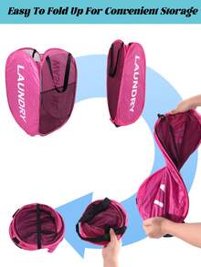 1pc Pink Foldable Laundry Basket, High Capacity Mesh Dirty Clothes Storage Organizer For Bathroom, Dorm Room, Bedroom, Home Organization, Collapsible Hamper With Easy Carry Handle, Space Saving Laundry Hamper - Pink - View 6