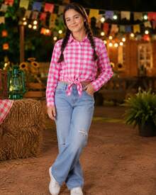 Children's Cropped Top In Checkered Cotton Fabric REF: 1562 - HỒNG VÀ TRẮNG - Xem 2