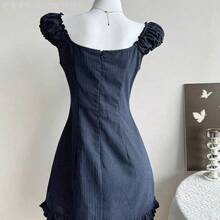Fengyu Women's Clothing Store Vestido ajustado de Body con volantes en el bajo, de corte bajo, de rayas azul marino, de estilo casual de verano para mujer - Blanco - Ver 3