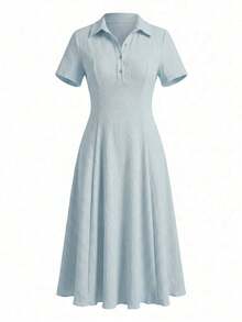 xheModelyn Vestido midi casual con cuello en V, abotonado, cintura con volantes y unicolor para mujerxhe - Celeste - Ver 8