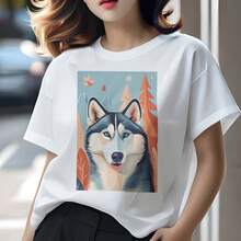 Tシャツ レディース 犬ファン 半袖 春夏 犬柄 プリント カジュアル かわいい 人間用 フィットネス ダンス 山 シベリアンハスキー 木 雪 - ホワイト409 - チェックする 6