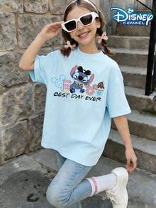 Girls' Summer Disney *Lilo & Stitch* T-Shirt-Featuring A Print Of Stitch Holding Mickey-Shaped Snacks, Along With The Slogan "Best Day Ever." This Light Blue, Pure Cotton, Short-Sleeve Casual Tee Is Perfect For Fans' Everyday Wear And Makes An Ideal Choice For A Visit To Disneyland Or Any Theme Park. - Màu xanh nhạt - Xem 2